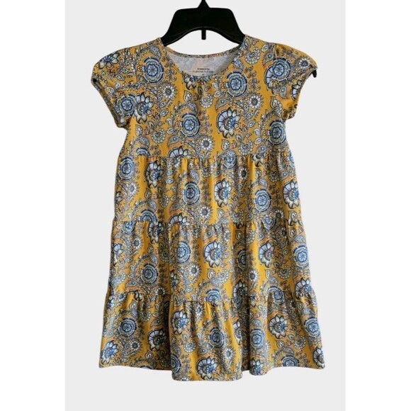 Garnet Hill Dress Organic Cotton Yellow Blue Floral Shift Girls Medium - Picture 1 of 7